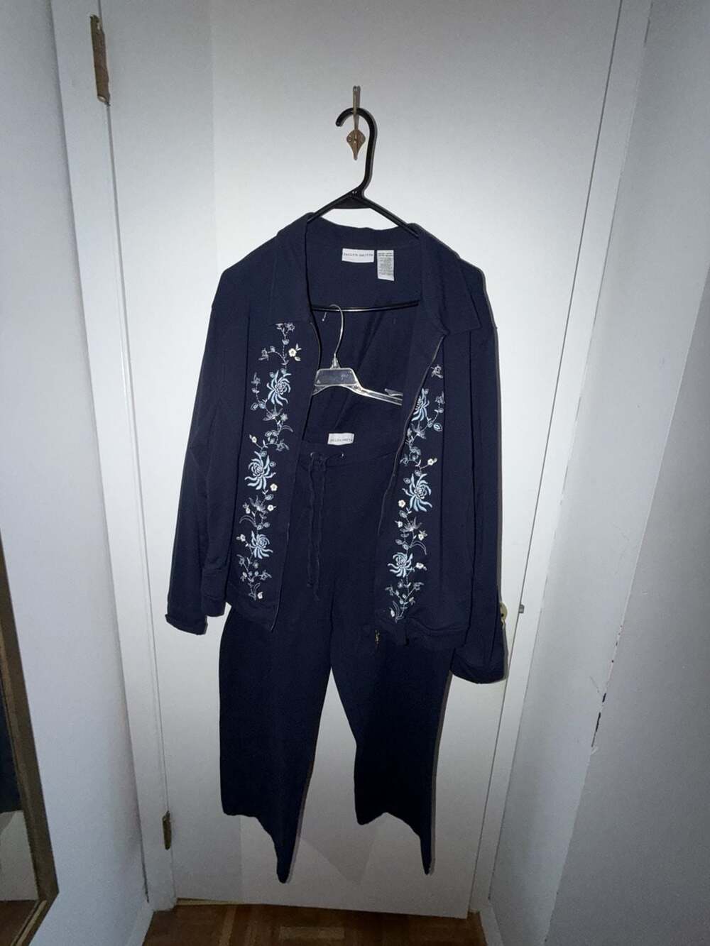 Jaclyn Smith Navy Blue Floral Embroidered Zip Jacket and Pants Set